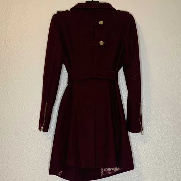 GUESS Burgundy Wrap Coat Gold Buttons | Lined Statement Jacket - Picture 1 of 5